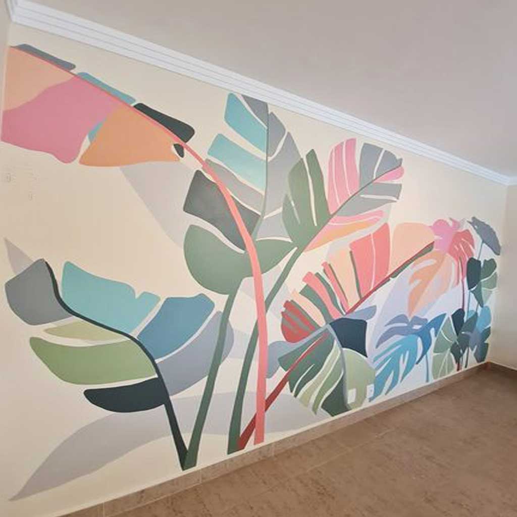 Perete interior pictat manual, vegetație luxuriantă, modern, tonuri vibrante